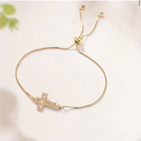 Gold Tone Adjustabke Cross Bracelet - Picture 1 of 4